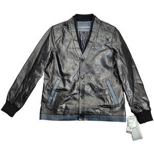 NWT CAMPAIGN BLACK Black Leather Jacket with blue trim Style CF4109 Size Small